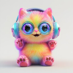 Obraz premium A cute, rainbow-colored cat wearing headphones and glasses.