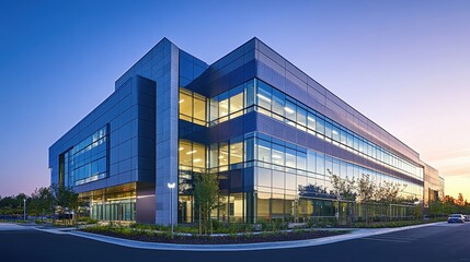 Obraz premium Corporate office building with modern architecture symbolizing organizational values and excellence; glass facade, contemporary design, and advanced amenities set a bold city presence and identity