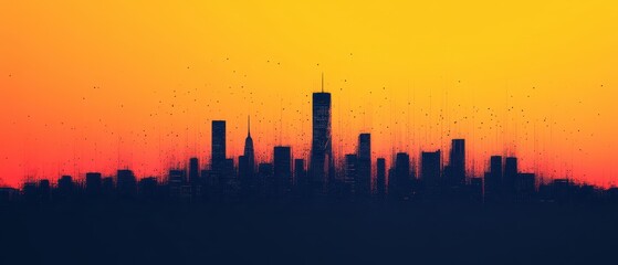 Fototapeta premium Silhouette of a City Skyline Against a Vibrant Orange Sunset, Modern Urban Landscape Concept
