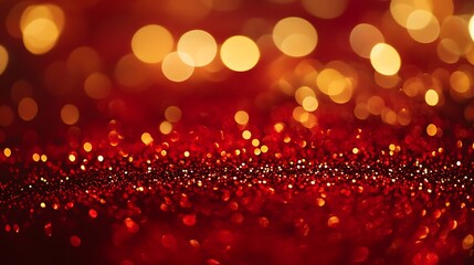 Red velvet texture adorned with golden glitter and shimmering bokeh lights reflecting in the background.
