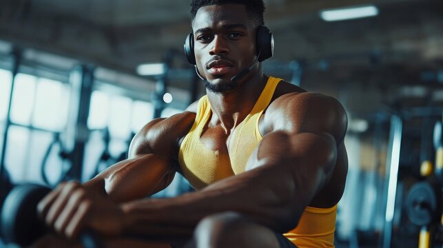A young black athlete who is motivated is working out on a rowing machine while using a wireless headphone. In the gym, a handsome African American man is training his body using a contemporary block