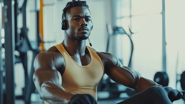 A young black athlete who is motivated is working out on a rowing machine while using a wireless headphone. In the gym, a handsome African American man is training his body using a contemporary block