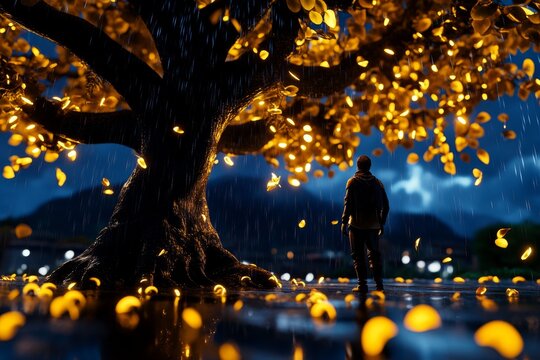 A fantasy adventurer taking a rain check on a quest, standing under a magical tree as enchanted raindrops fall around them, shimmering with light
