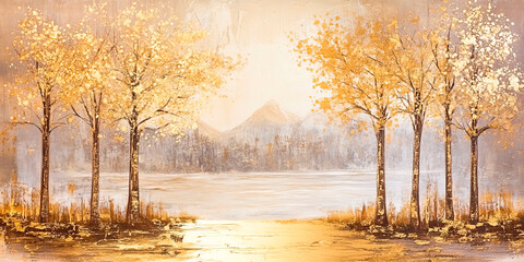 Oil painting gold and beige, autumn forest landscape, nature, trees..