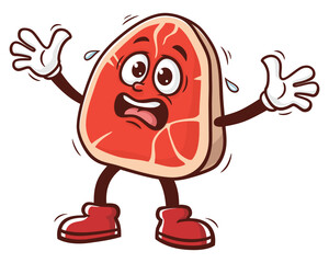 Panic Meat Steak Cartoon Mascot Illustration Character Vector Clip-art Hand-drawn Logo Design 