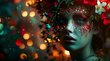 Fototapeta premium A woman with a flowery headdress and glittery makeup