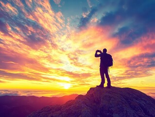 Silhouette of a hiker on a mountain peak at sunrise, capturing breathtaking views with vibrant sky colors and scenic landscape.