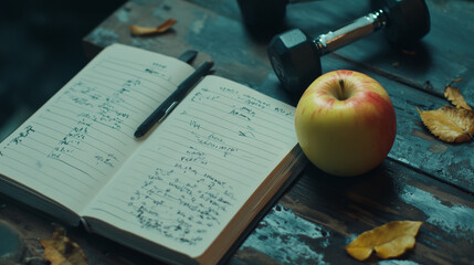 A notebook with a workout plan. The plan includes an apple and hand weights.