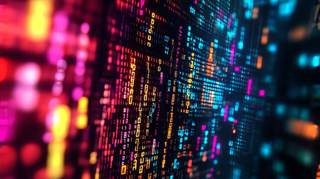 A colorful background filled with computer code.  The code is a mix of numbers and symbols, representing the language computers use.  It's an image of the digital world and how technology works.