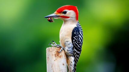 Obraz premium A woodpecker perched on a pole, holding a bug in its beak.