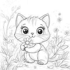 Obraz premium Adorable kitten holding a daisy flower in a meadow coloring page