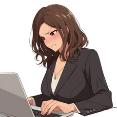 A frustrated business woman with brown hair is working on a laptop. She is wearing a black blazer and white shirt.