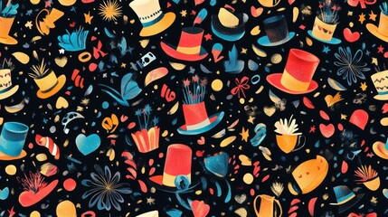 A vibrant and colorful seamless pattern featuring a variety of hats, hearts, stars, and other festive elements against a black background.