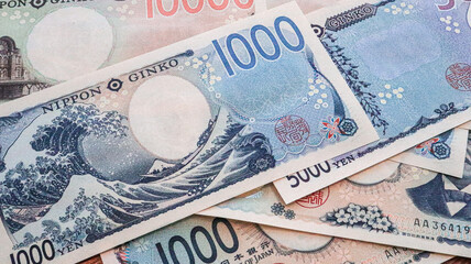Close up of New Japanese Yen bank note (1000yen, 5000yen and 10000yen), Tokyo, Japan 2024 Sep.1