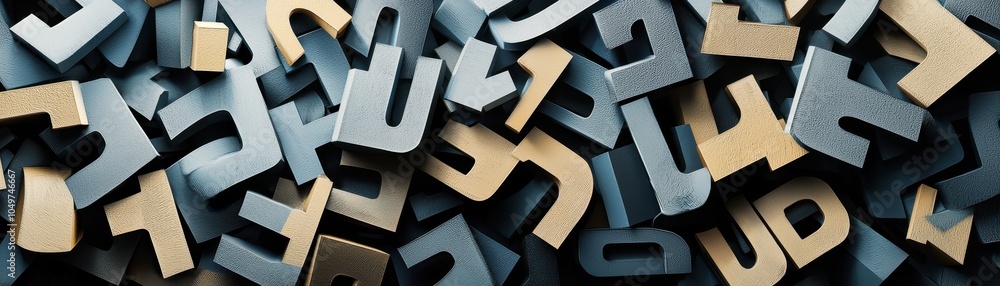 Poster a dynamic arrangement of scattered letters, showcasing a blend of random typography in black and bei