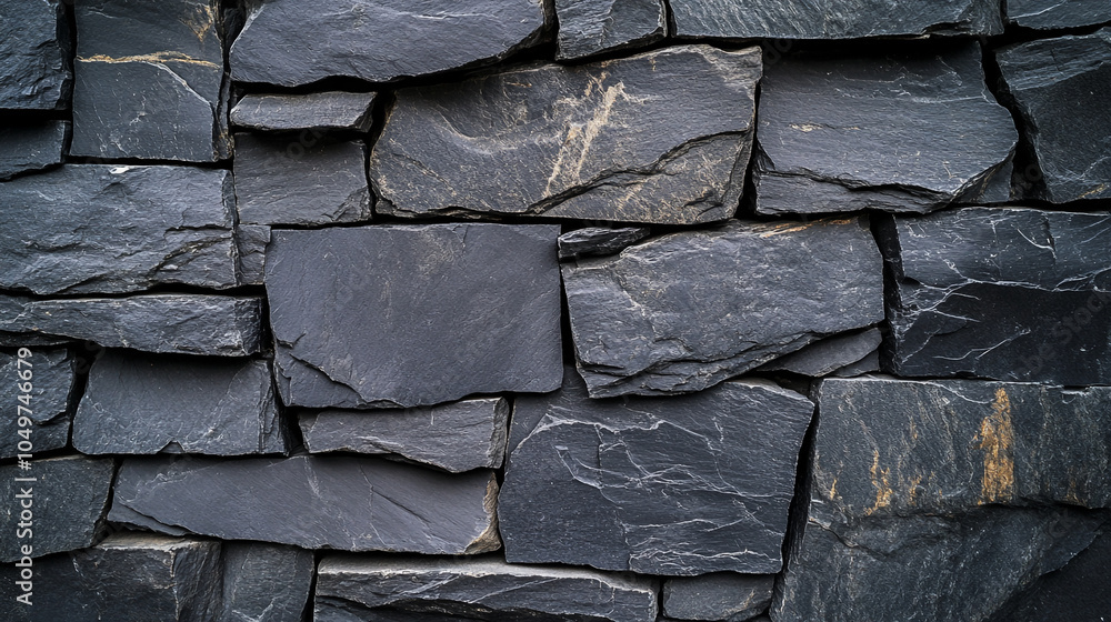 Poster Natural slate stone wall with varying textures and colors in a rustic setting