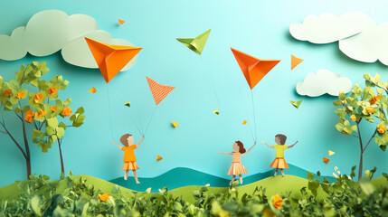 Children fly kites in a happy setting, representing a message about protecting the environment and saving energy. The scene is made with colorful paper, giving it a playful 3D look.