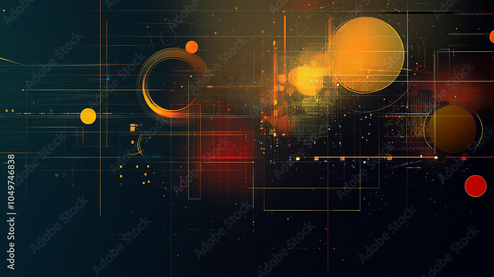 Poster abstract digital composition with circular shapes and grid patterns creating vibrant visuals