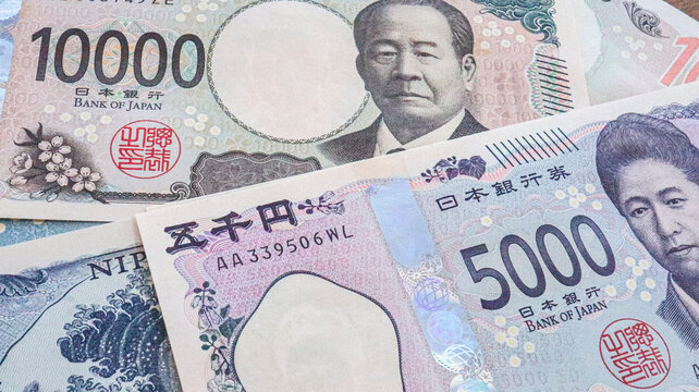 Close up of New Japanese Yen bank note (1000yen, 5000yen and 10000yen), Tokyo, Japan 2024 Sep.1