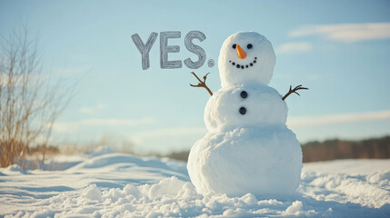 A snowman in a snowy field was built to spell out the word "YES."