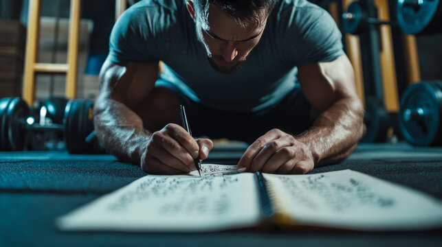 Someone looking down at a notebook, planning their workout routine. - Powered by Adobe