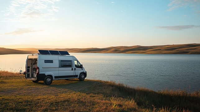 A camper van parked by a tranquil lakeside with rolling hills in the background under a blue sky at sunset, perfect for a peaceful getaway.