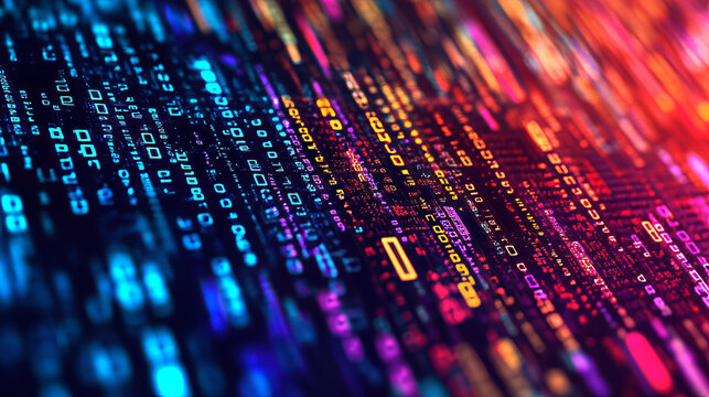 A colorful background filled with computer code.  The code is a mix of numbers and symbols, representing the language computers use.  It's an image of the digital world and how technology works.