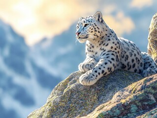 Obraz premium Majestic snow leopard perched on a rocky ledge, overlooking a serene mountainous landscape, bathed in soft, golden sunlight.