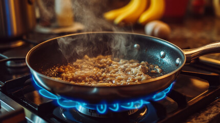 Food is sizzling in a pan on the stove. The gas flame is blue, and there are bananas in the background.