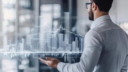 Businessman presenting a holographic city with fluctuating graphs, representing global market influence on real estate value, Property Market Trends, Digital Real Estate