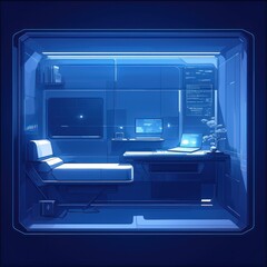 Futuristic Room Illustration with Desk, Couch, and Laptop