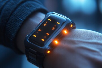 Futuristic smartwatch with glowing lights on a person's wrist.