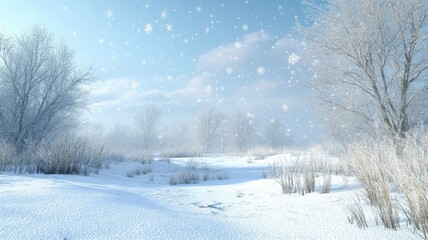 Fototapeta premium A serene winter landscape featuring a snowy field, gently falling snowflakes, and bare trees against a blue sky, creating a peaceful and tranquil atmosphere.