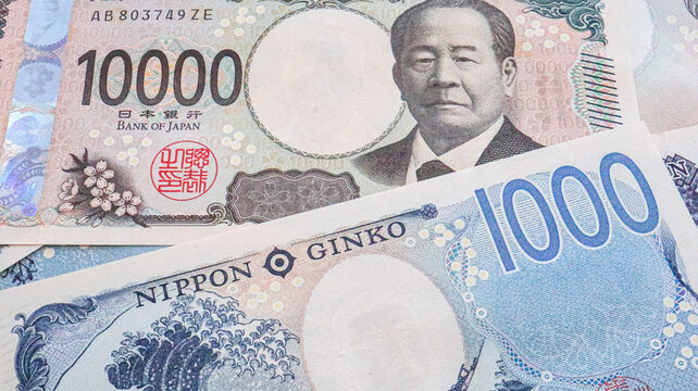 Close up of New Japanese Yen bank note (1000yen, 5000yen and 10000yen), Tokyo, Japan 2024 Sep.1