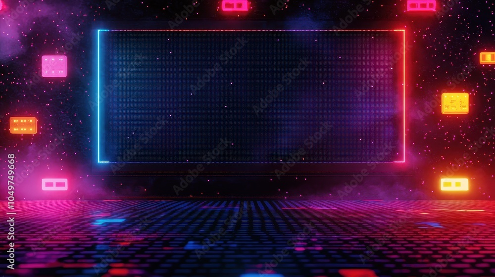 Poster futuristic neon sci-fi room with glowing lights and digital patterns, creating an immersive and vibr