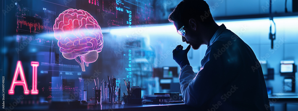 Poster scientist contemplates artificial intelligence in laboratory with holographic brain display