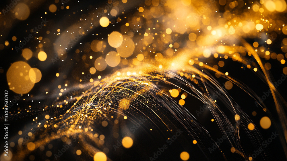 Poster golden sparkles and swirling light trails create an enchanting abstract pattern at night