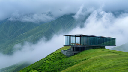 Fototapeta premium A Serene Glass Structure Perched Atop a Misty Mountain Reflects Nature\'s Beauty in a Harmonious Blend of Design and Landscape