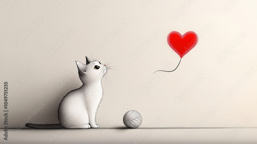 Poster curious cat gazes up at floating heart shaped balloon, creating whimsical and affectionate scene. pl