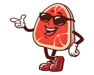 Meat Steak wearing sunglasses, Cartoon Mascot Illustration Character Vector Clip-art Hand-drawn Logo Design 