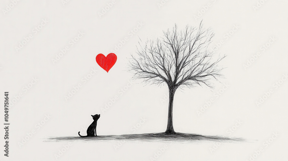 Poster black cat gazes lovingly at bare tree, with red heart floating above, symbolizing deep connection an