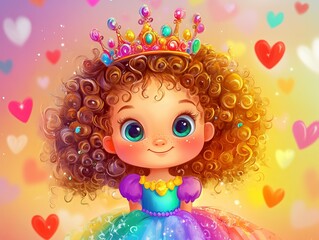 Fototapeta premium Smiling princess wearing golden crown with hearts background