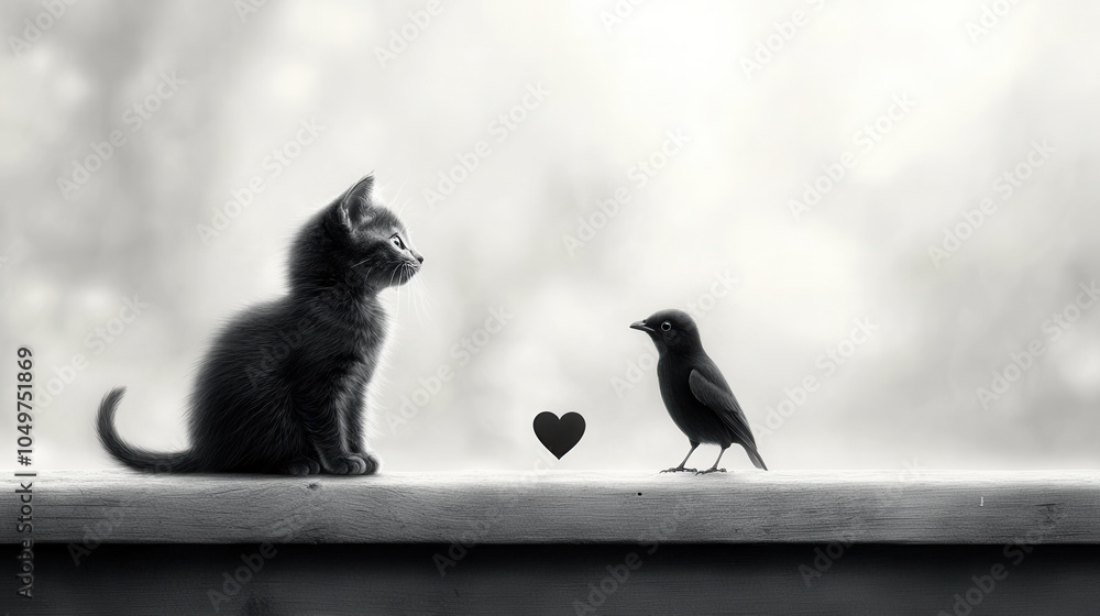 Poster minimalist black and white image featuring cat and bird gazing at each other, symbolizing unique bon