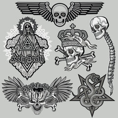 set, gothic sign with skull, grunge vintage design t shirts