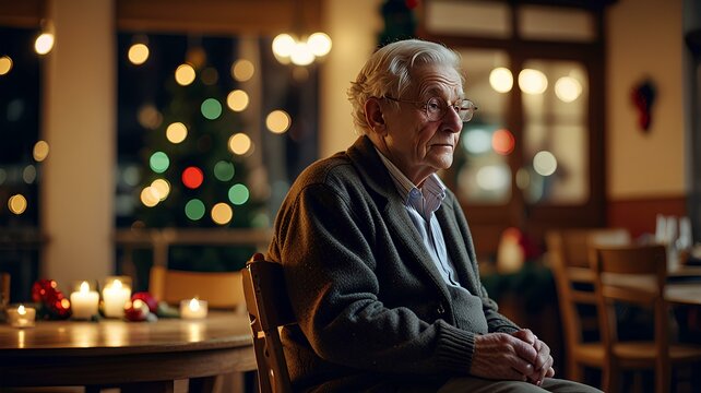 A lonely senior person sitting by themselves at christmas time.