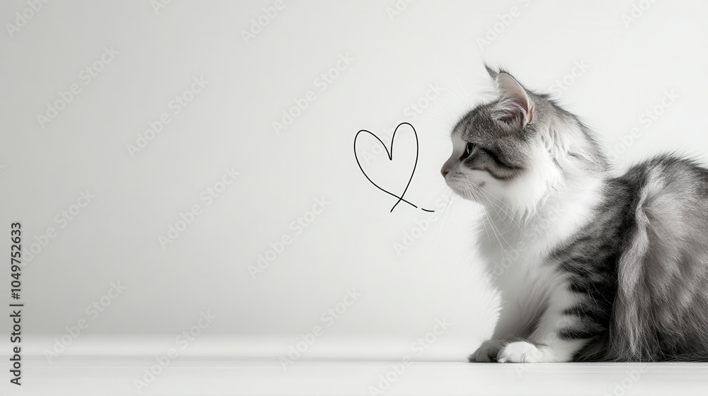 Poster minimalist side profile of cat with heart illustration, showcasing its elegant features and soft fur