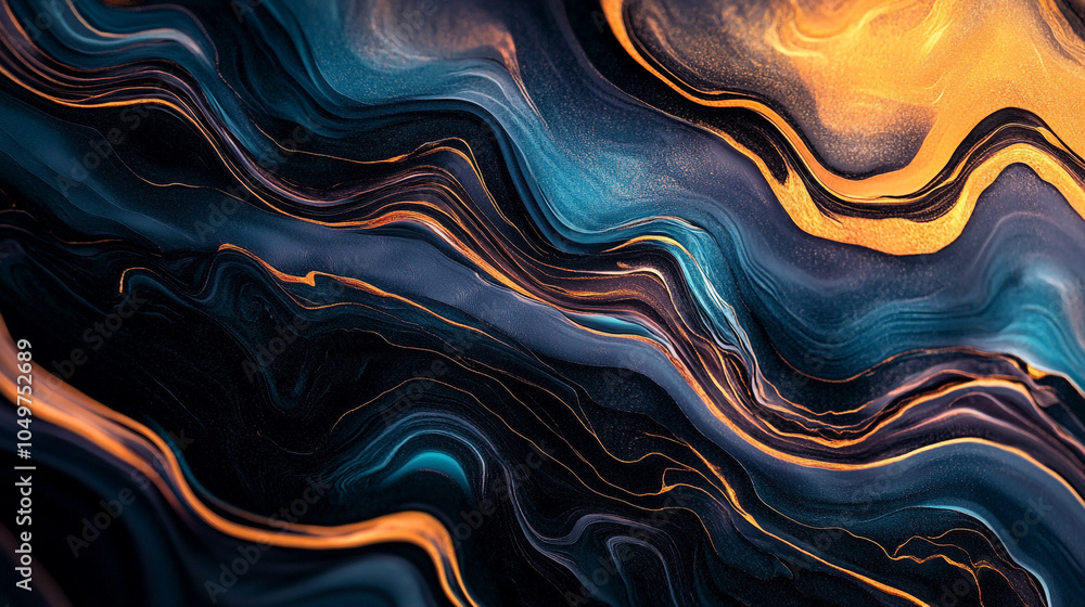 Poster rich swirling patterns of blue and gold create a mesmerizing abstract design in a dark background