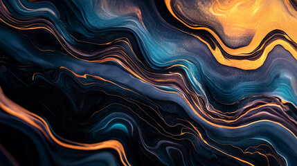 Fototapeta premium Rich swirling patterns of blue and gold create a mesmerizing abstract design in a dark background