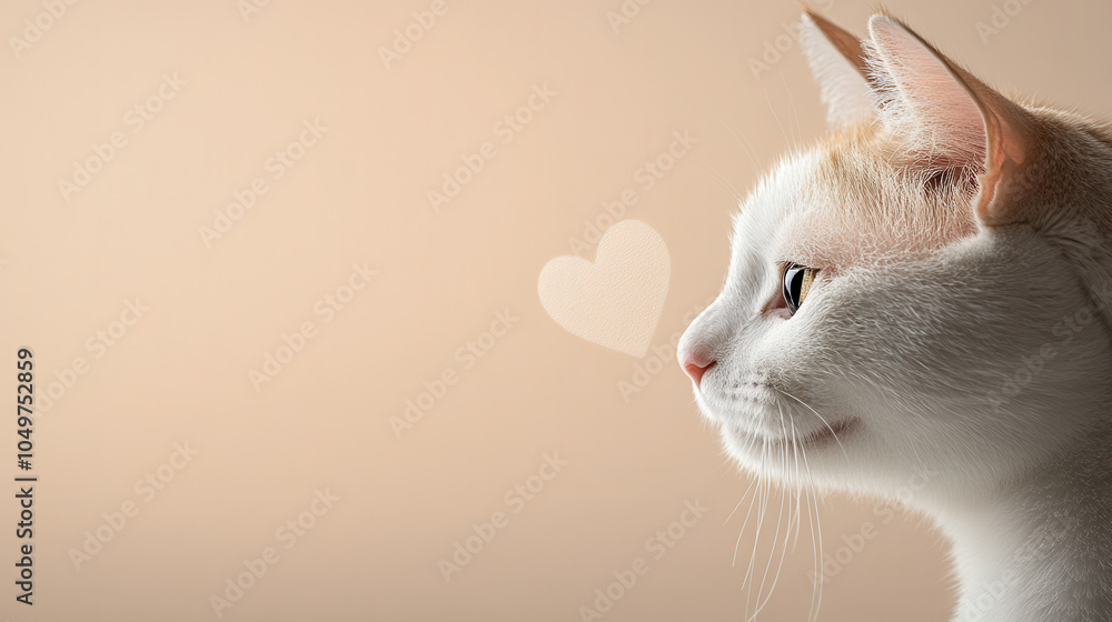 Poster side profile of cat with soft expression, set against warm, neutral background. image conveys sense 