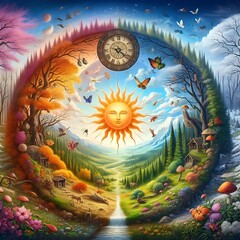 Naklejka premium Surreal Seasonal Cycle Landscape with Vibrant Colors and Whimsical Elements Featuring a Radiant Sun, Clocks, and Diverse Natural Scenes in a Dreamlike Setting